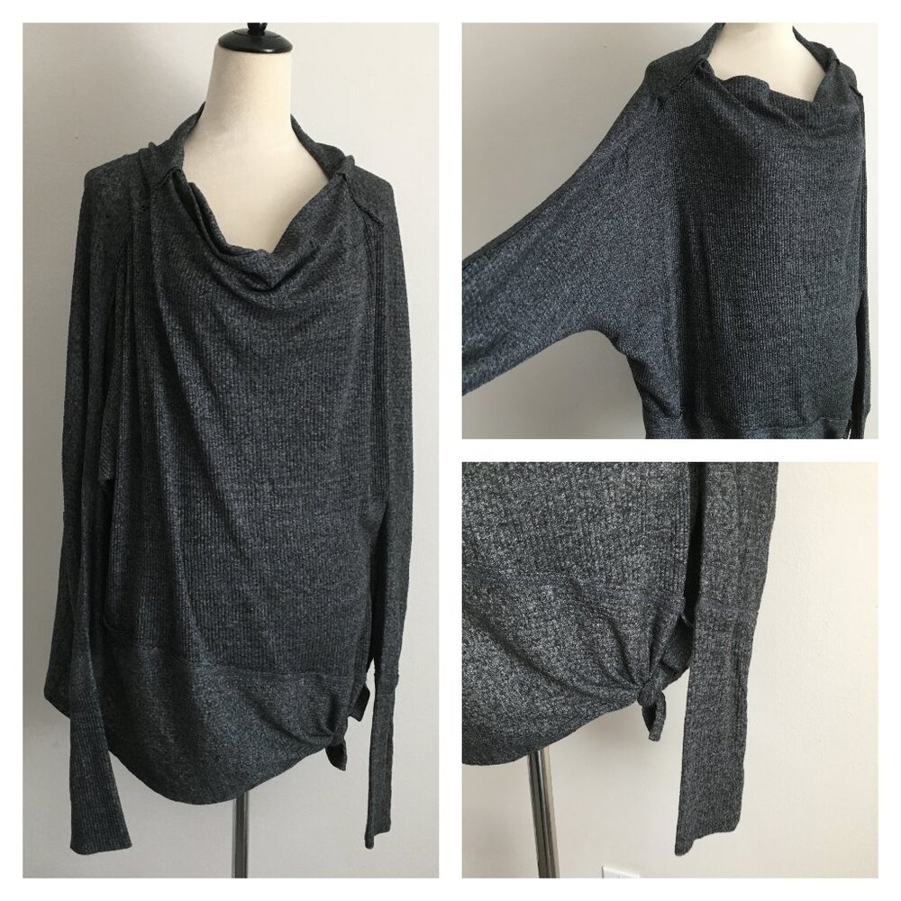 WE THE FREE PEOPLE Ribbed Dark Gray Knot Hem Cowl Neck Long Dolman Sleeve Shirt